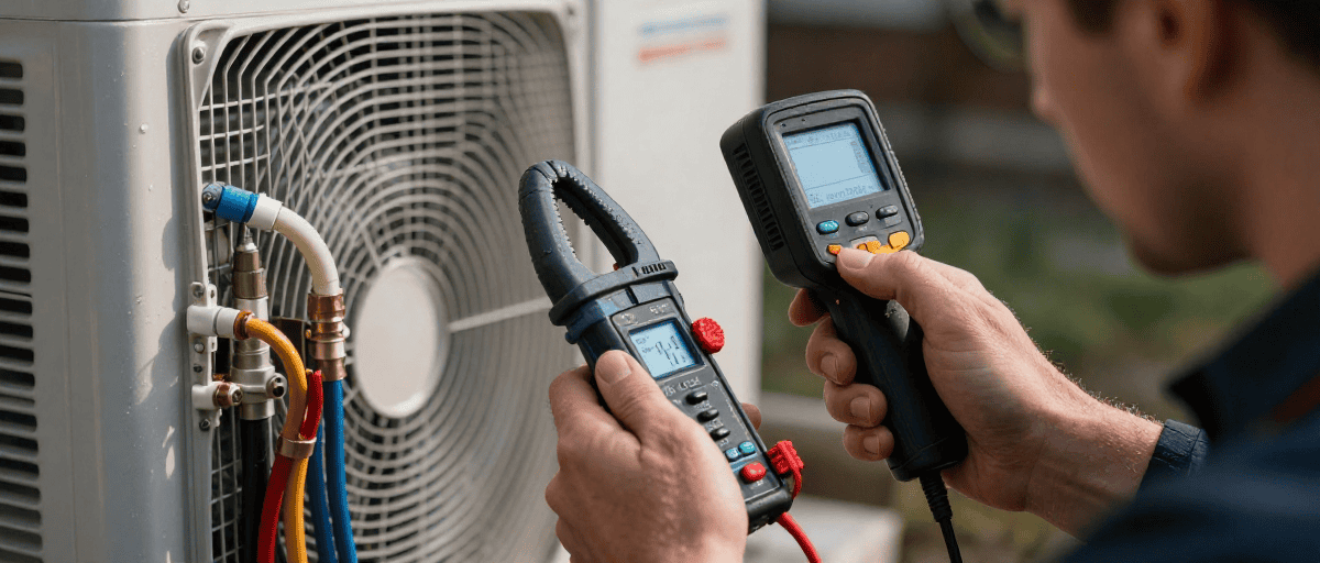 Technicien utilisant un multimètre pour vérifier le système de climatisation extérieur.