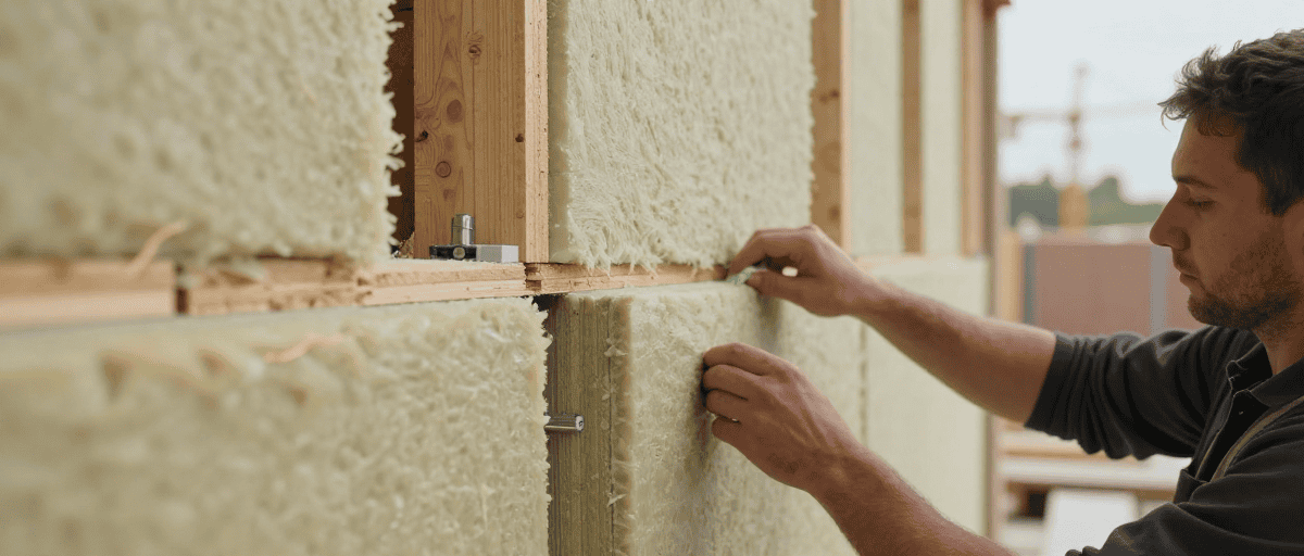 Travail d'isolation thermique extérieure par un professionnel pour améliorer l'efficacité énergétique d'une maison neuve.