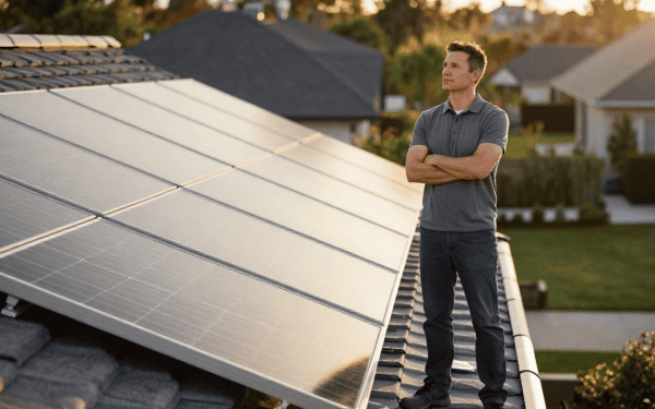Homme observant des panneaux solaires installés sur le toit d'une maison résidentielle, symbolisant l'énergie renouvelable et l'efficacité énergétique.