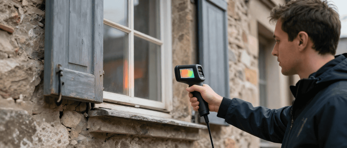 Inspection façade extérieure avec caméra thermique pour détection de déperditions de chaleur.