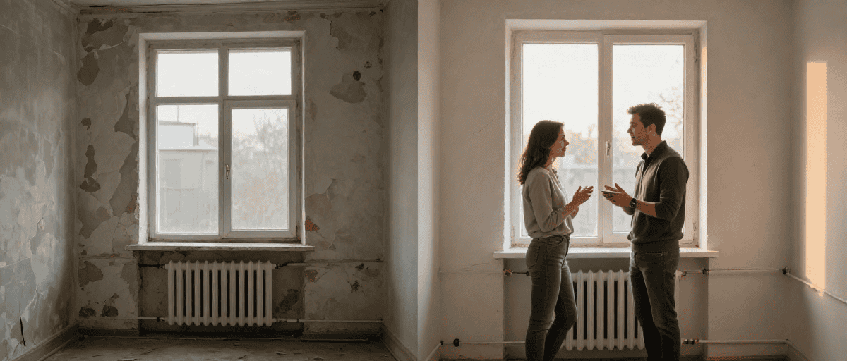 Fenêtres anciennes en rénovation intérieure.