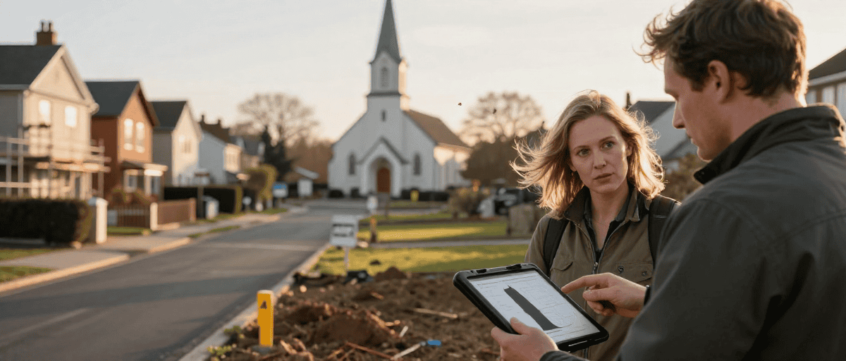 Consultation en aménagement extérieur avec un expert sur un site résidentiel.