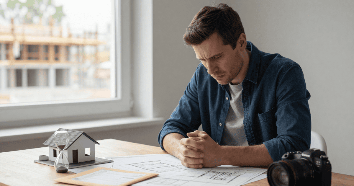 Homme architecte ou ingénieur analysant des plans de construction avec une maquette de maison sur une table, dans un bureau lumineux.