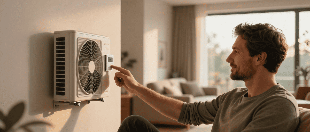 Homme réglant une unité de climatisation extérieure dans un salon lumineux, installation de confort thermique pour maison moderne.