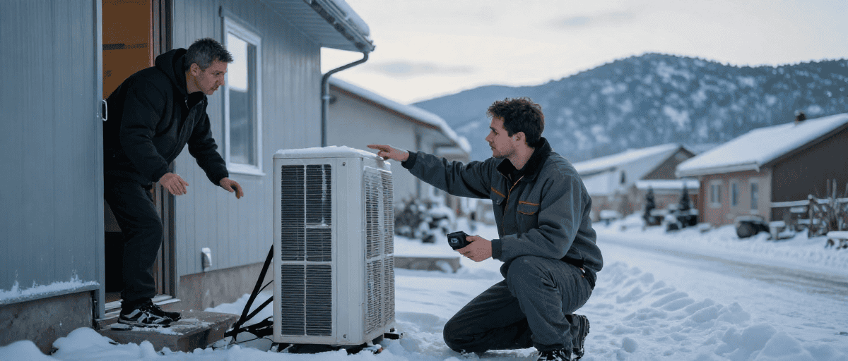 Climatisation extérieure installée dans un environnement enneigé avec deux techniciens en train de vérifier l’unité, illustrant des services de maintenance et installation de systèmes de climatisation.