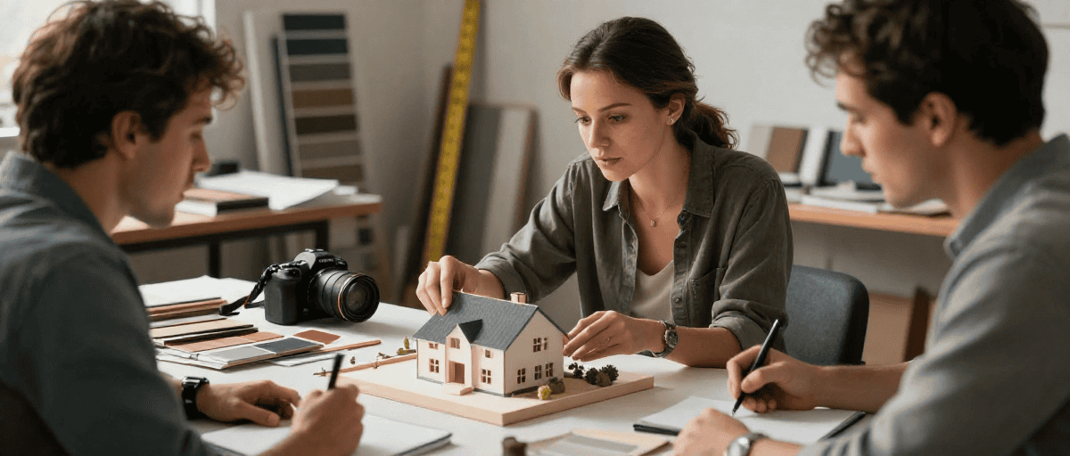 Maquette de maison en cours de conception lors d'une réunion entre professionnels de la construction.