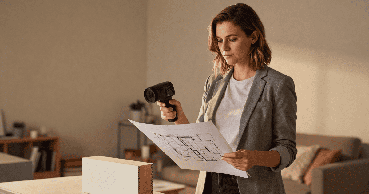 Femme architecte examinant un plan de construction extérieur pour un projet résidentiel, dans un intérieur moderne et lumineux.