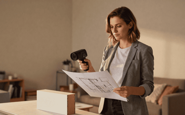 Femme architecte examinant un plan de construction extérieur pour un projet résidentiel, dans un intérieur moderne et lumineux.