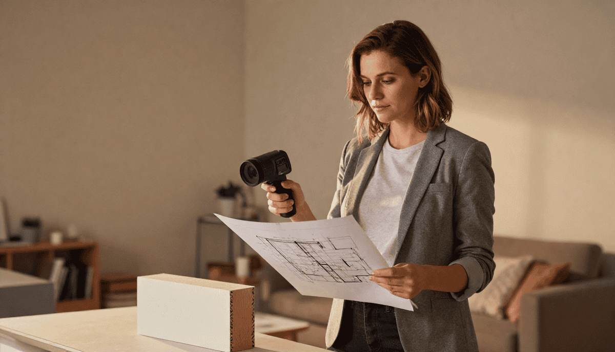 Femme architecte examinant un plan de construction extérieur pour un projet résidentiel, dans un intérieur moderne et lumineux.