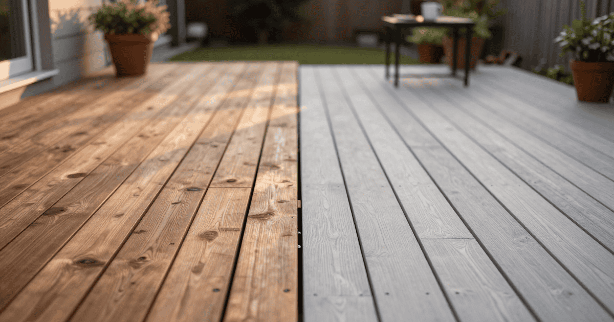 Balcon en bois naturel et gris anthracite pour extérieur, idéal pour espaces de détente et convivialité.