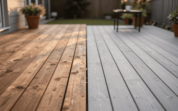 Balcon en bois naturel et gris anthracite pour extérieur, idéal pour espaces de détente et convivialité.