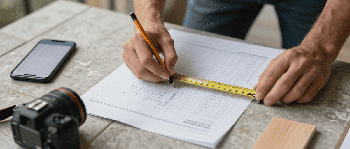 Personne en train de dessiner un plan de construction pour un aménagement extérieur, avec une règle et un smartphone sur la table.