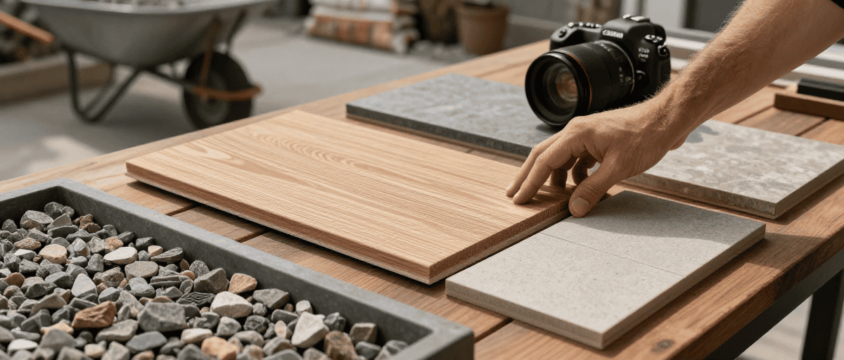 Échantillons de matériaux pour aménagement extérieur, incluant bois, pierre et gravier, présentés sur une table pour projets de construction et décoration extérieure.
