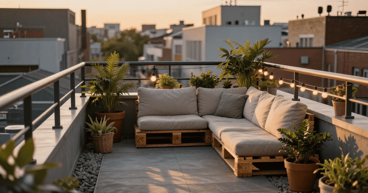 Balcon en terrasse aménagé avec canapé en palettes, éclairage suspendu et plantes en pot, offrant un espace extérieur convivial et moderne pour profiter du soleil en ville.
