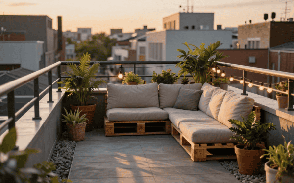 Balcon en terrasse aménagé avec canapé en palettes, éclairage suspendu et plantes en pot, offrant un espace extérieur convivial et moderne pour profiter du soleil en ville.