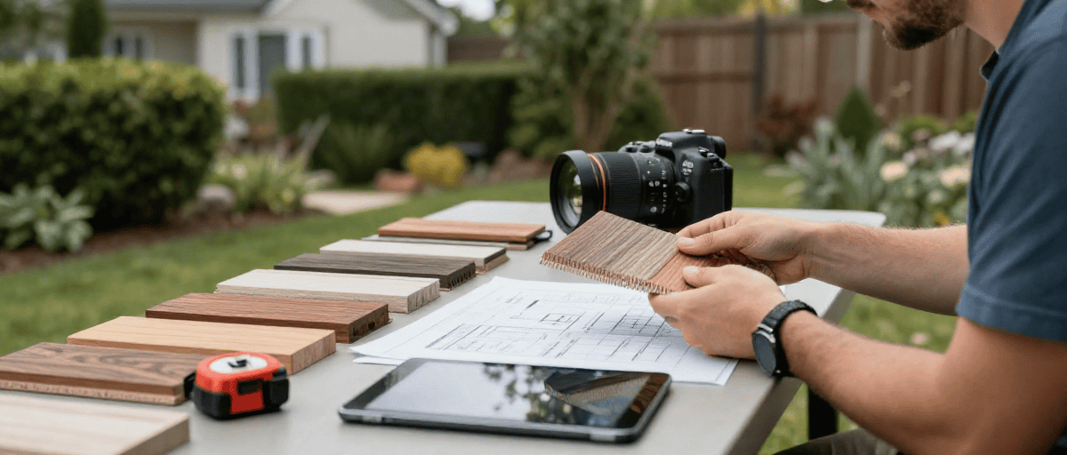 Photo d'un professionnel examinant des échantillons de matériaux pour projets extérieurs, avec outils et plans sur une table en plein air.