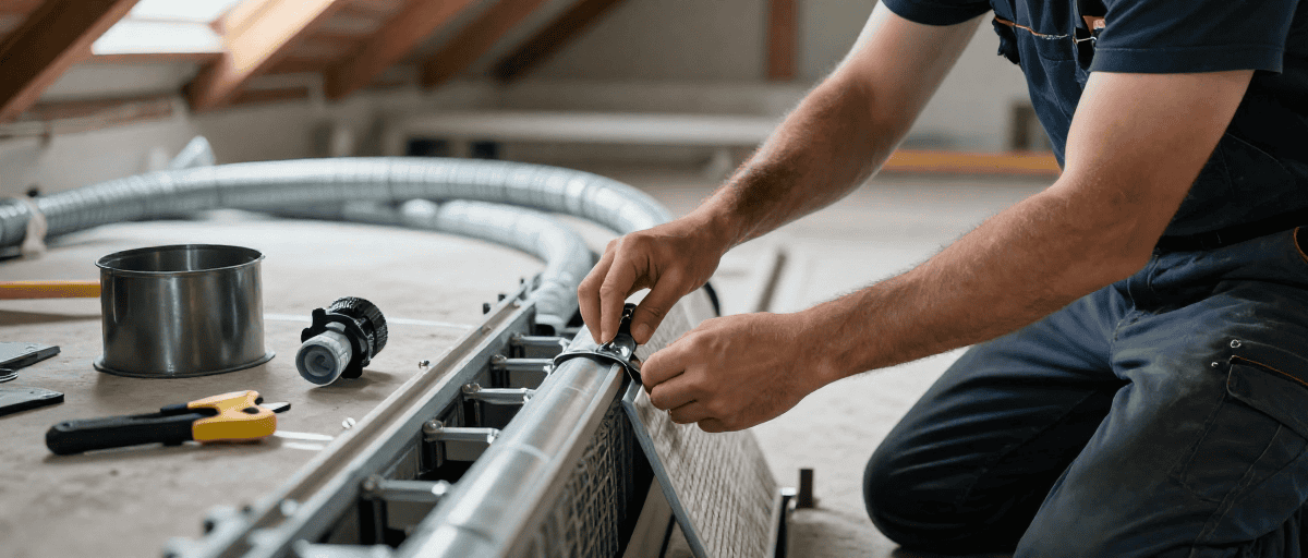 Technicien ajustant un tuyau de chauffage au sol pour une installation professionnelle.