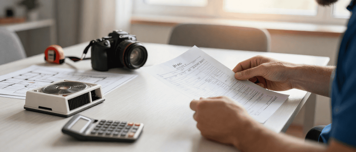 Photo d'une personne examinant un document avec une caméra, un projecteur et une calculatrice sur une table, illustrant la planification de projets de construction extérieure.