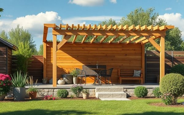 Pergola en bois pour espace extérieur, idéal pour créer une zone ombragée et conviviale dans votre jardin. Conception moderne et durable, parfaite pour les aménagements extérieurs résidentiels.