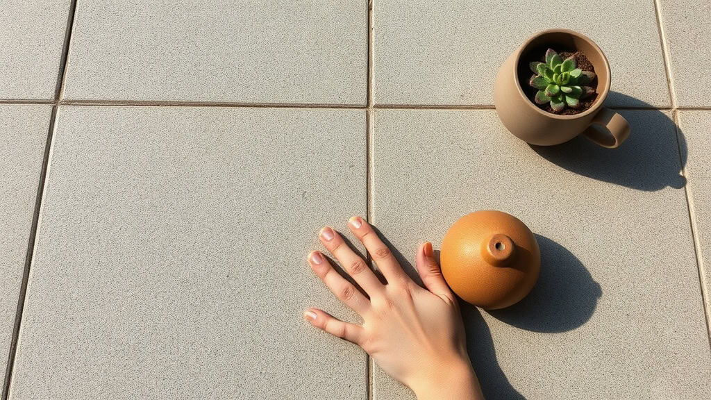 Balcon en pierre avec plantes succulentes et décoration minimaliste.
