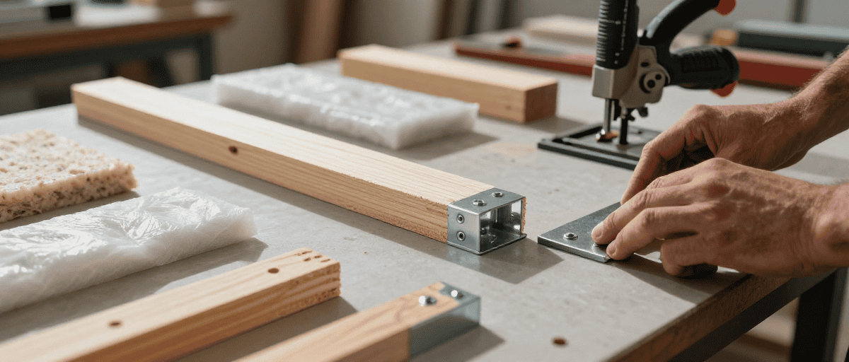 Travail précis sur des pièces de bois pour projets d'aménagement extérieur, avec outils et matériaux de qualité pour une finition parfaite.