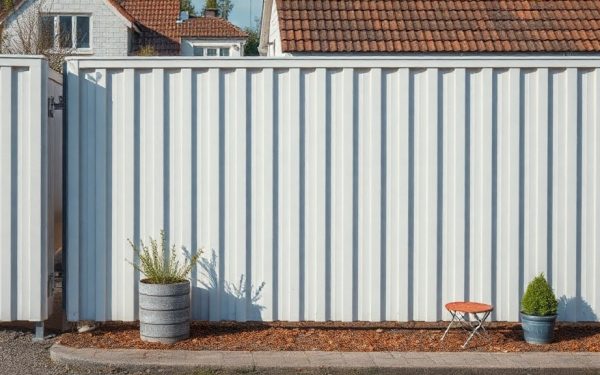 Clôture en métal blanc moderne installée dans un jardin résidentiel, avec des plantes en pot et un sol en gravier, offrant sécurité et esthétique extérieure.