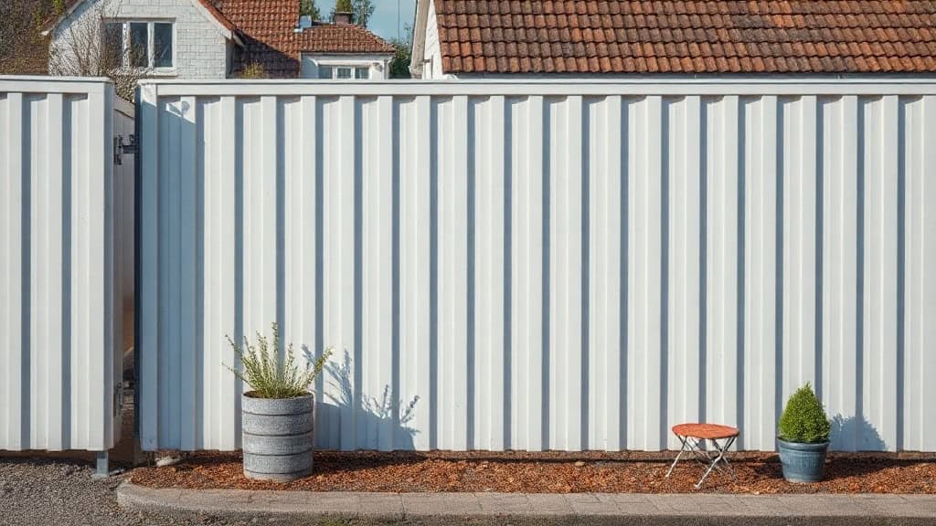 Clôture en métal blanc moderne installée dans un jardin résidentiel, avec des plantes en pot et un sol en gravier, offrant sécurité et esthétique extérieure.