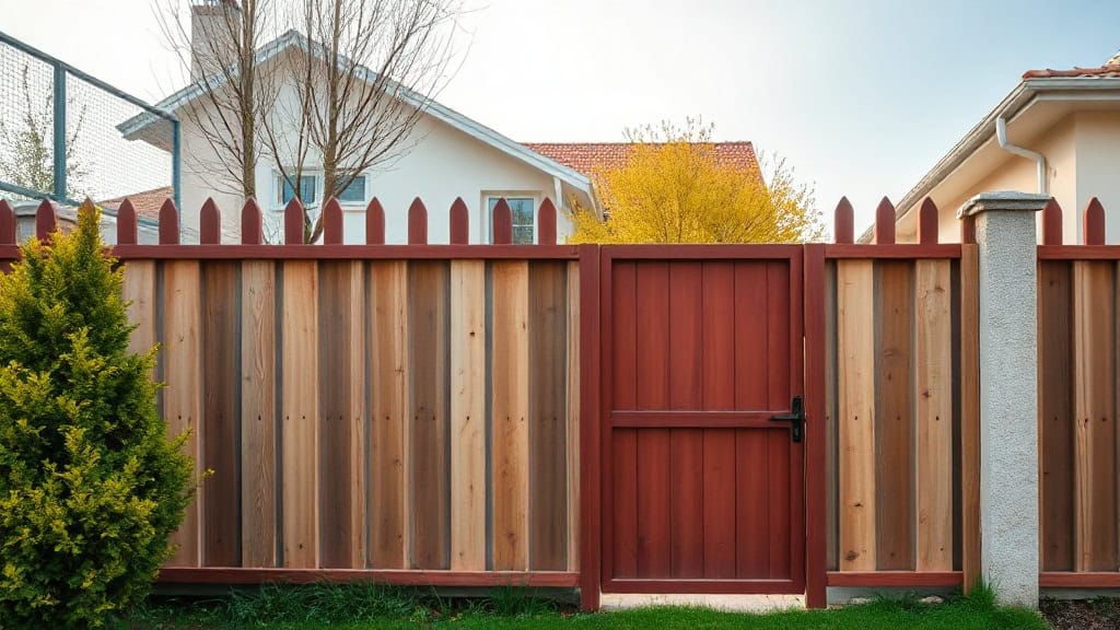 Clôture en bois naturel avec porte rouge, installation extérieure pour délimiter un jardin ou une propriété, style traditionnel et durable.