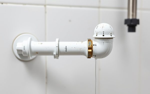 Piping de plomberie en PVC blanc fixé sur un mur en carrelage blanc, illustrant une installation de plomberie pour une piscine extérieure.