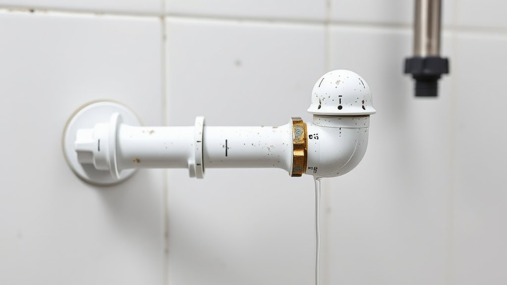 Piping de plomberie en PVC blanc fixé sur un mur en carrelage blanc, illustrant une installation de plomberie pour une piscine extérieure.