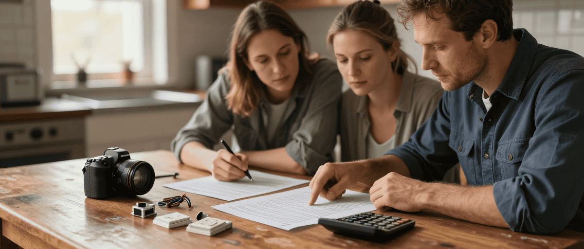 Baladeurs, plans et calculatrice pour projet d'aménagement extérieur.