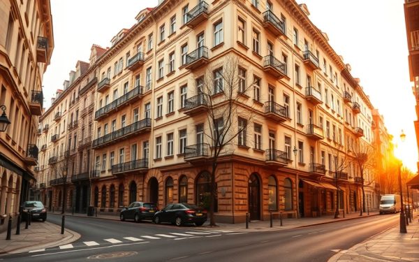 Vue d'une rue parisienne avec bâtiments historiques, façades en pierre, balcons en fer forgé, et lumière dorée du coucher du soleil, illustrant l'architecture classique et l'ambiance urbaine.