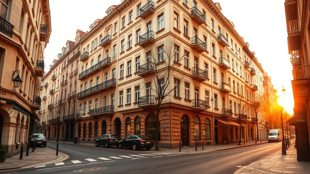 Vue d'une rue parisienne avec bâtiments historiques, façades en pierre, balcons en fer forgé, et lumière dorée du coucher du soleil, illustrant l'architecture classique et l'ambiance urbaine.