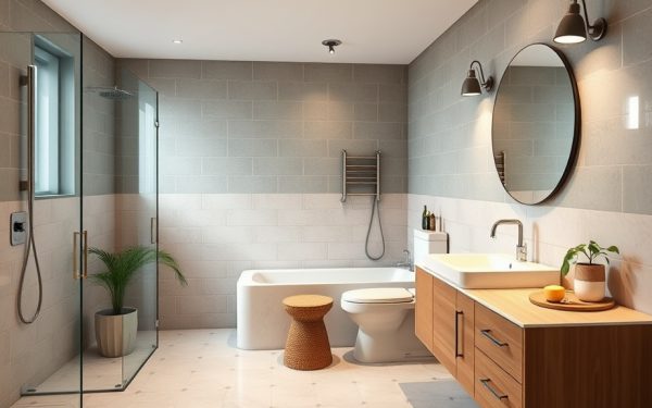 Salle de bain moderne avec douche à l'italienne et meuble en bois.