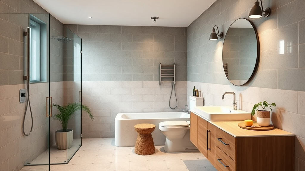 Salle de bain moderne avec douche à l'italienne et meuble en bois.