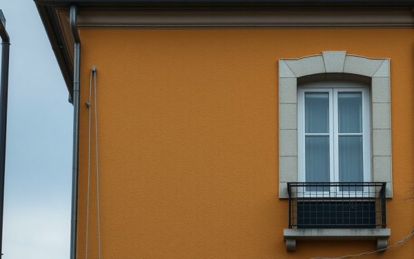 Balcon en fer forgé sur façade de maison colorée, mettant en valeur l'aménagement extérieur et la décoration extérieure.