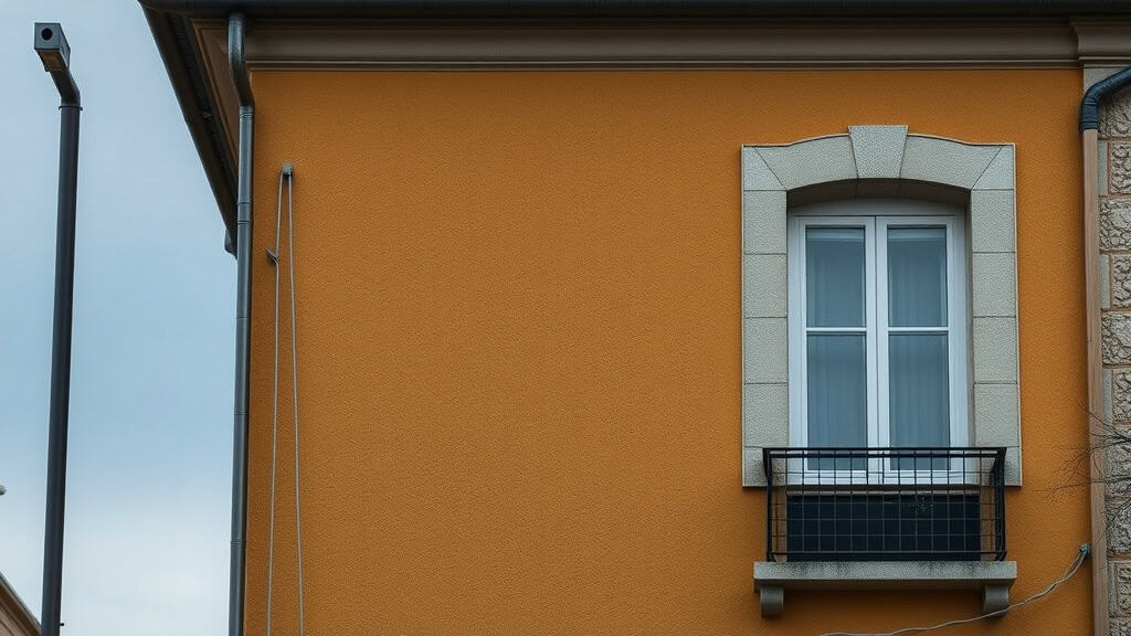 Balcon en fer forgé sur façade de maison colorée, mettant en valeur l'aménagement extérieur et la décoration extérieure.