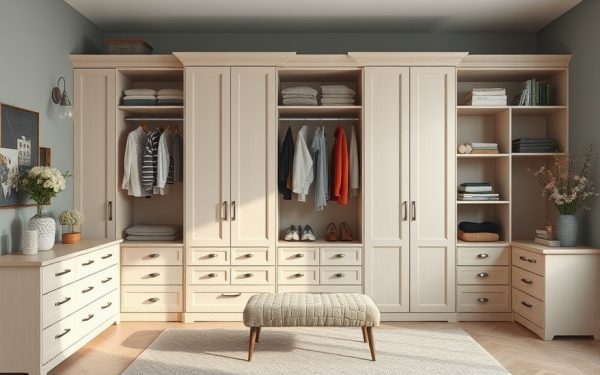 Balcon ou dressing en bois clair avec rangements et penderies.