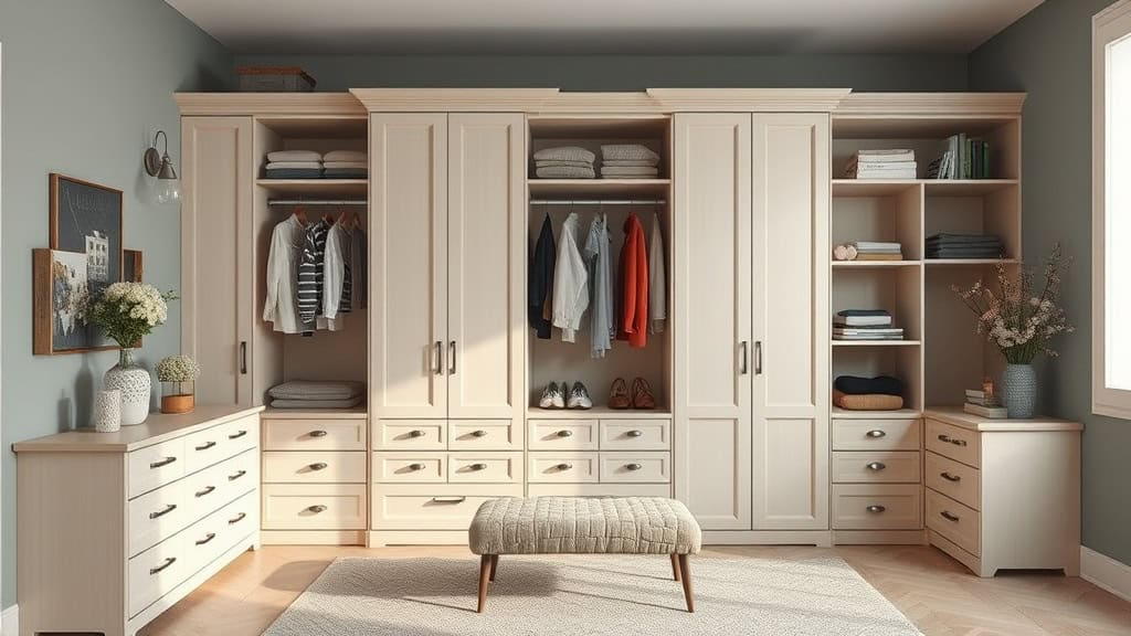 Balcon ou dressing en bois clair avec rangements et penderies.