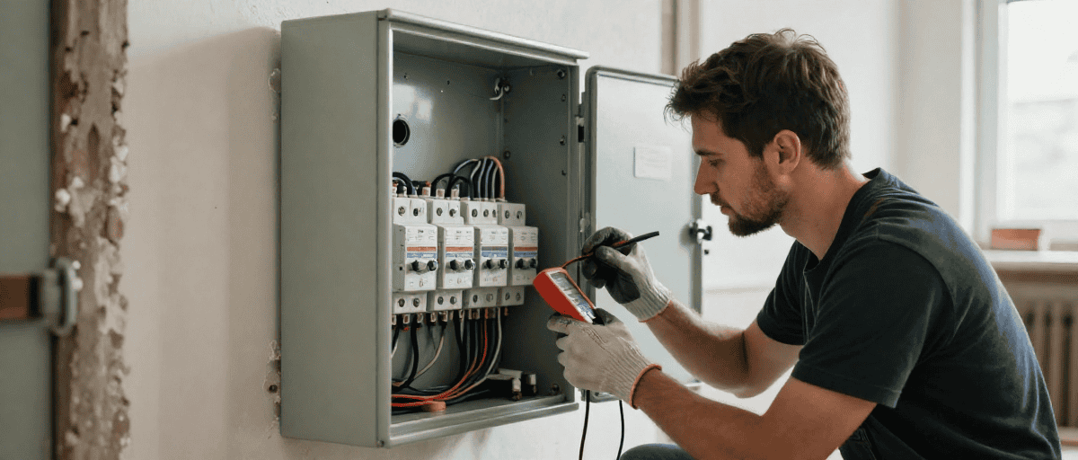 Électricien vérifiant un tableau électrique extérieur pour une installation sécurisée et conforme aux normes.