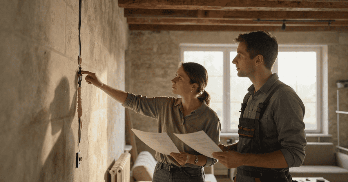 Deux professionnels en rénovation intérieure installent un panneau électrique dans un salon lumineux, illustrant des travaux électriques pour améliorer la sécurité et la fonctionnalité de la maison.