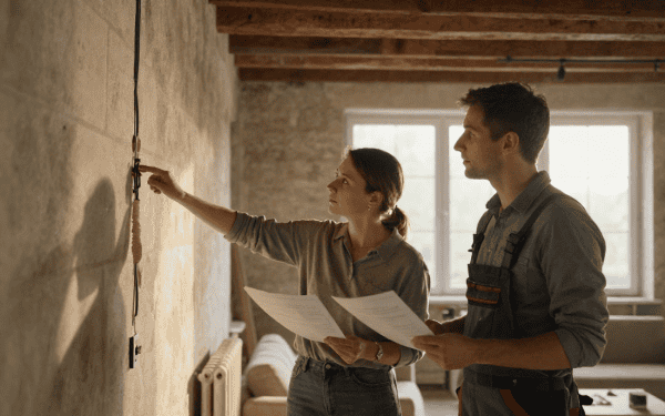 Deux professionnels en rénovation intérieure installent un panneau électrique dans un salon lumineux, illustrant des travaux électriques pour améliorer la sécurité et la fonctionnalité de la maison.