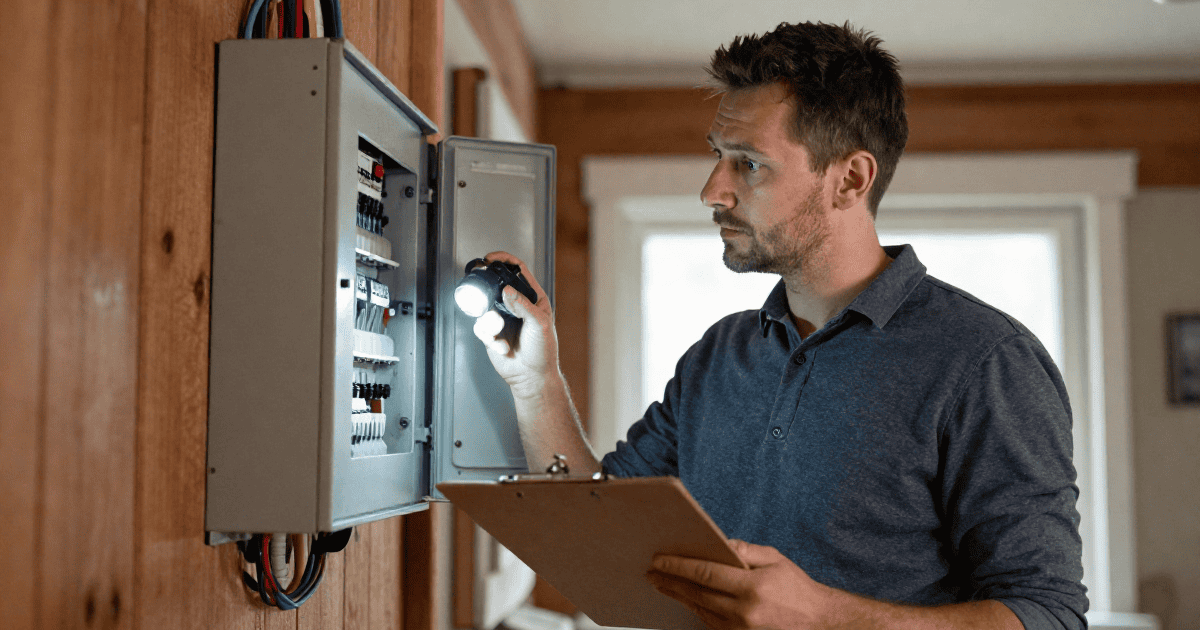 Technicien en électricité inspectant un panneau électrique dans une maison, vérification et maintenance électrique pour assurer la sécurité et la conformité.