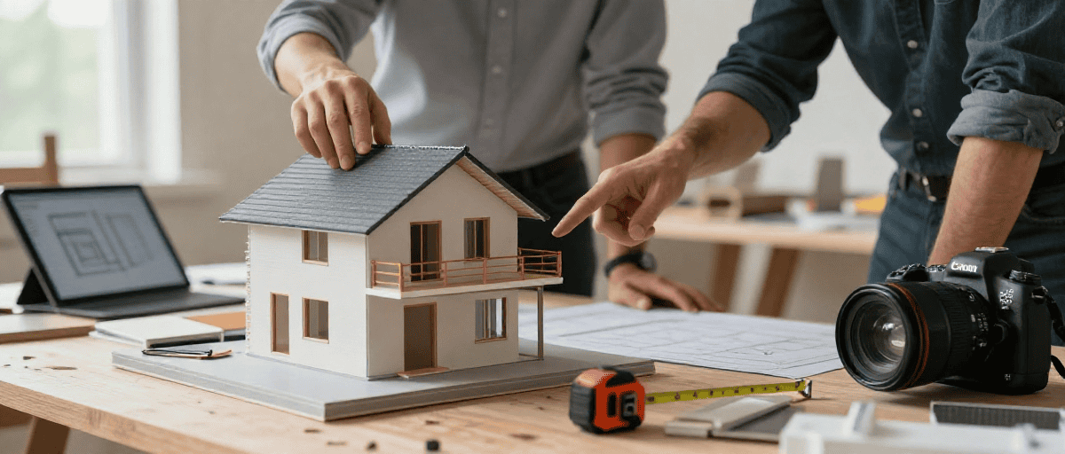 Deux professionnels discutent autour d'une maquette de maison en architecture 3D, avec outils de conception et caméra sur une table de travail.