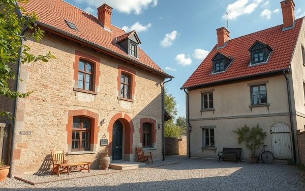 Ancienne maison en pierre rénovée, façade en pierre et toiture en tuiles rouges, située dans un environnement paisible.