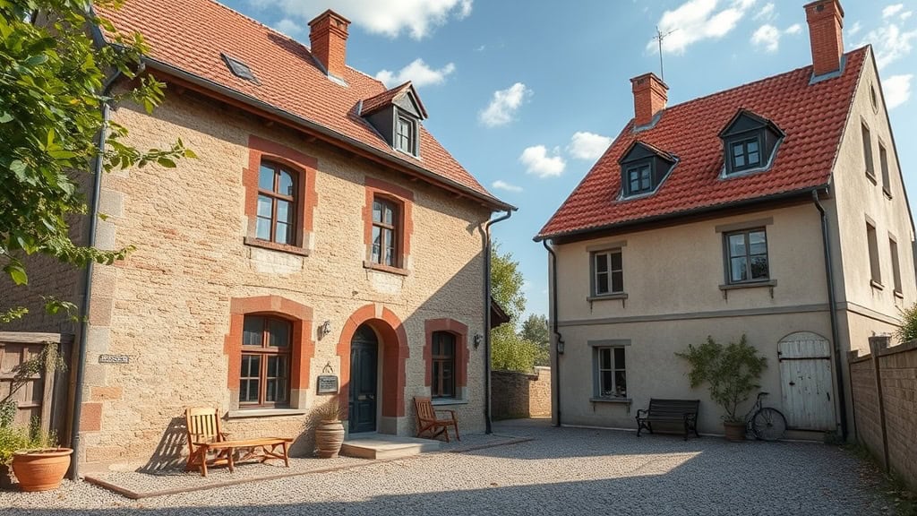 Ancienne maison en pierre rénovée, façade en pierre et toiture en tuiles rouges, située dans un environnement paisible.