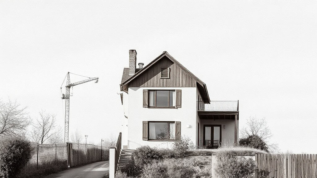 Construction maison moderne en extérieur avec jardin et clôture.