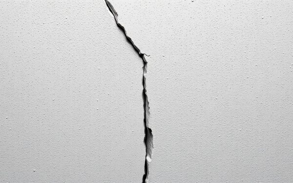 Fissure visible sur un mur extérieur en béton, illustrant un problème de construction ou de réparation nécessaire pour assurer la durabilité.