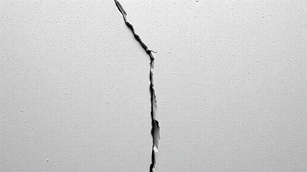 Fissure visible sur un mur extérieur en béton, illustrant un problème de construction ou de réparation nécessaire pour assurer la durabilité.