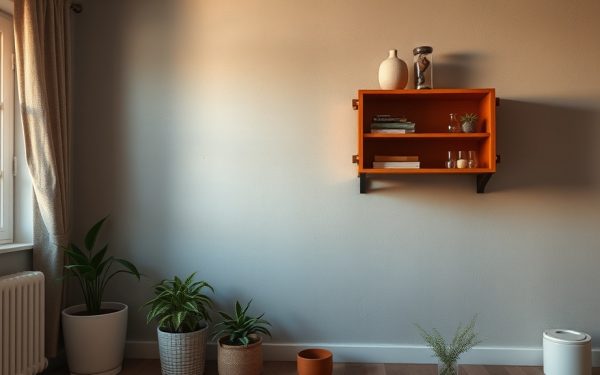 Photo d'un intérieur résidentiel avec un mur blanc, une étagère orange, des plantes en pot et une fenêtre laissant entrer la lumière naturelle.